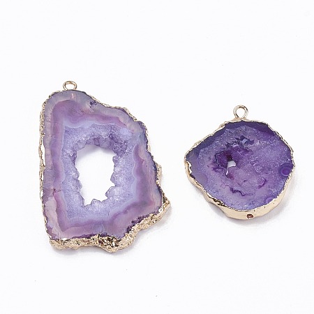 Naturalne wisiorki z agatu druzy, z elementami żelaza w odcieniu złota, barwione, bryłki, niebiesko-fioletowe Rozmiar: około 20~60mm długości, 13~50mm szerokości, 4~8mm grubości, otwór: 1~4mm.