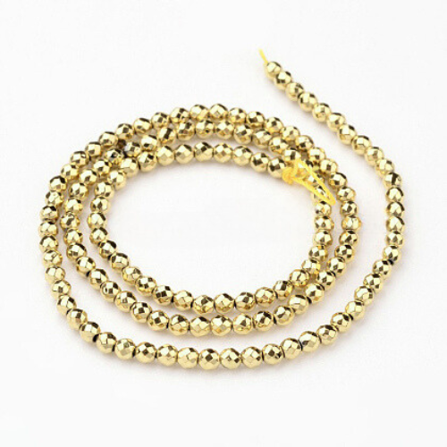 Eco-Friendly Long-Lasting Plated Non-magnetic Synthetic Hematite Smooth Beads Strands, Faceted Round, Golden Plated, 2mm